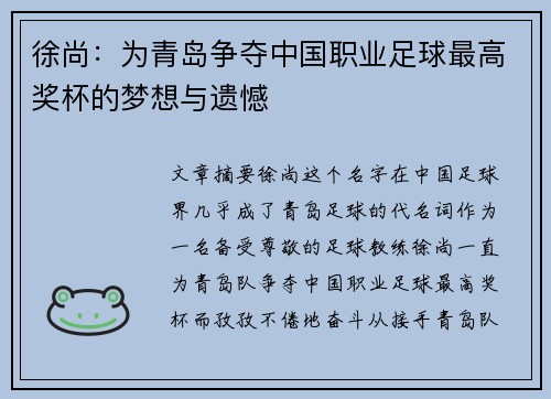 徐尚:为青岛争夺中国职业足球最高奖杯的梦想与遗憾 徐尚:为青岛争夺中国职业足球最高奖杯的梦想与遗憾